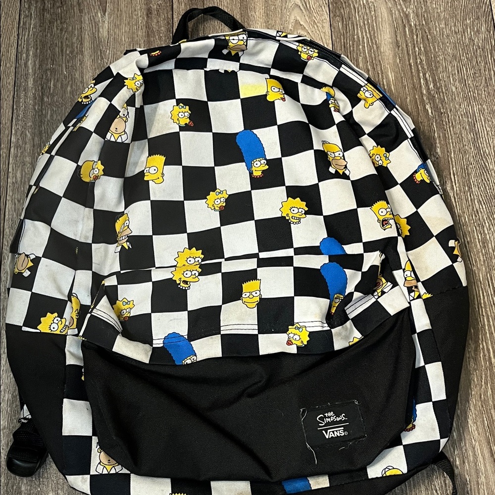Vans Black and White Checkered Backpack with Cartoon Characters